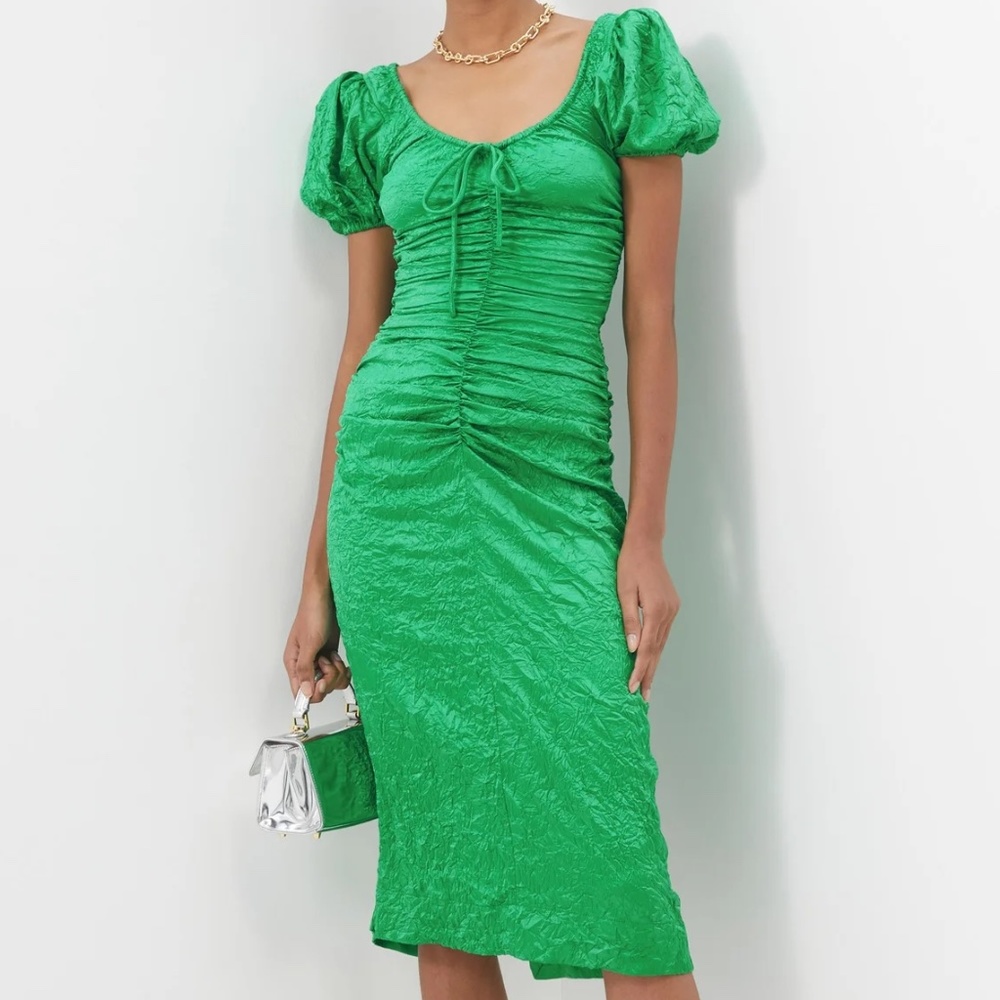 Ganni Ruched Crinkle Satin Midi Dress 10 Green